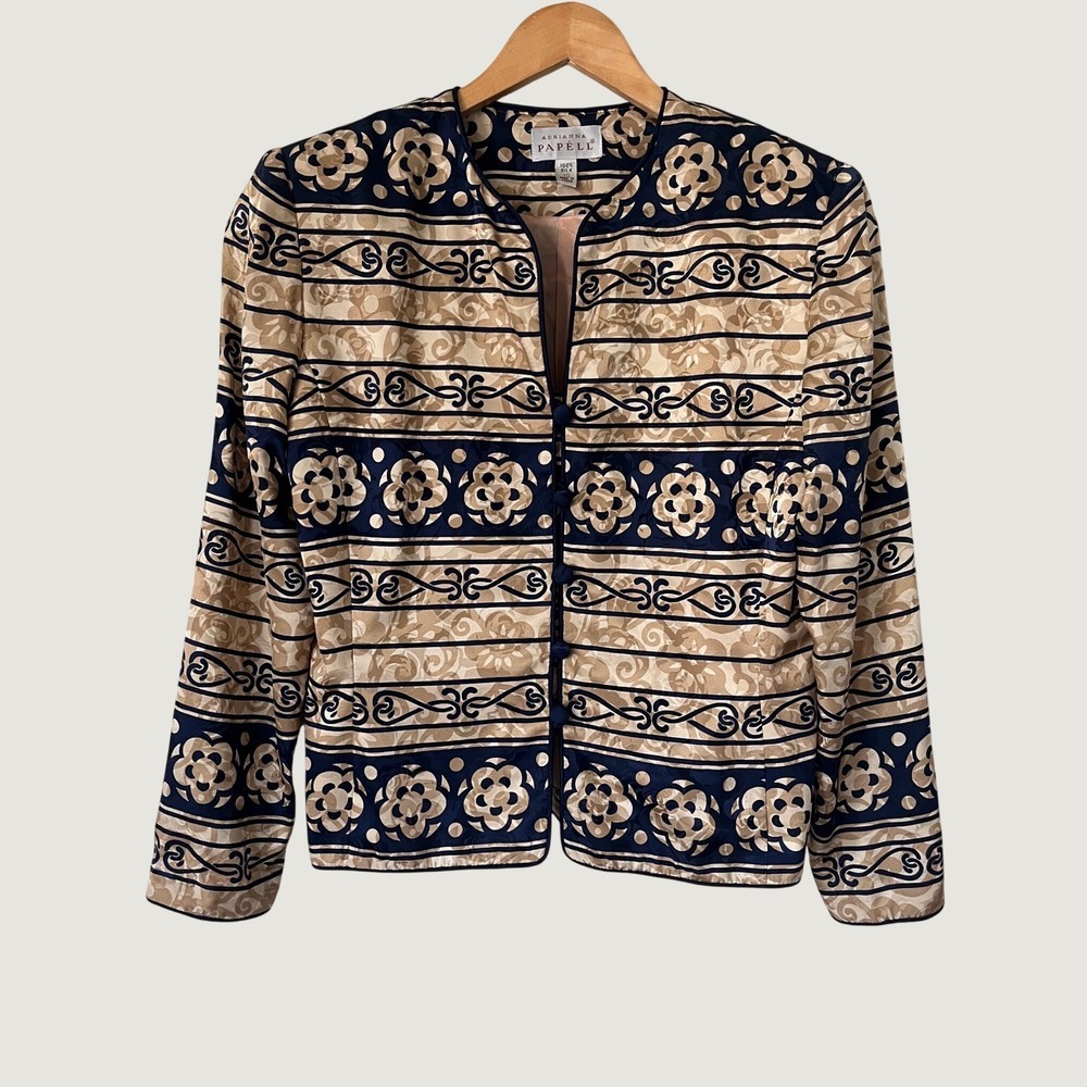 Adrianna Papell Vintage 100% Silk Blazer Navy Tan Floral Scroll Print Jacket 10